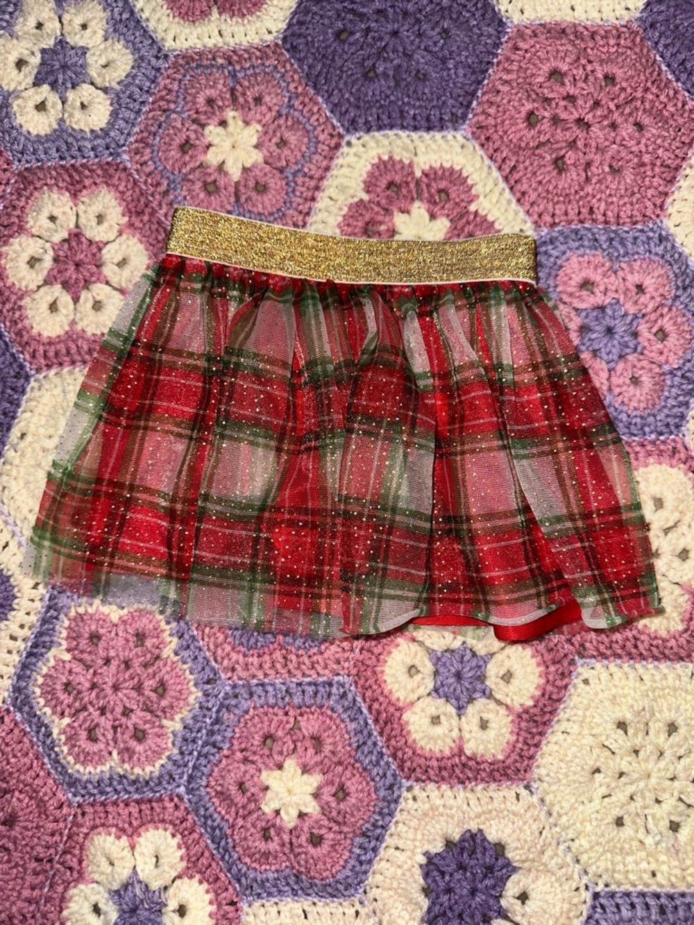 Holiday Time Red Green Plaid Tulle Skirt with Gold Waistband
